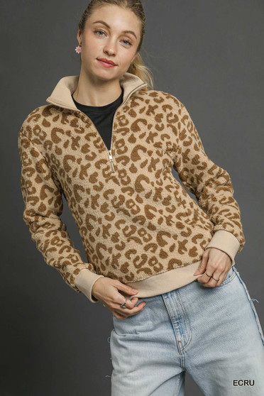 Umgee Leopard Print Quarter-Zip Sweatshirt
