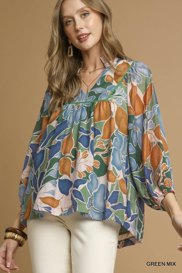 Umgee Multicolor Abstract Floral Print Blouse with Ruffle Neck
