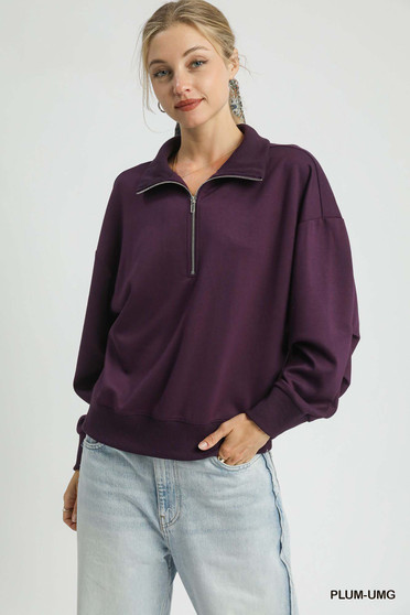 Umgee Half Zip Drop Shoulder Sweatshirt