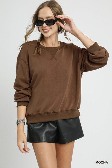 Umgee Round Neck Long Sleeve Fleece Sweatshirt