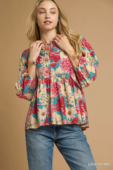 Umgee Mix Floral Peplum Blouse with Tie Neck