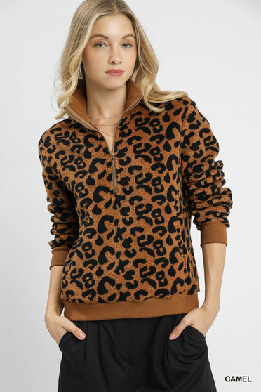 Umgee Leopard Print Quarter-Zip Sweatshirt