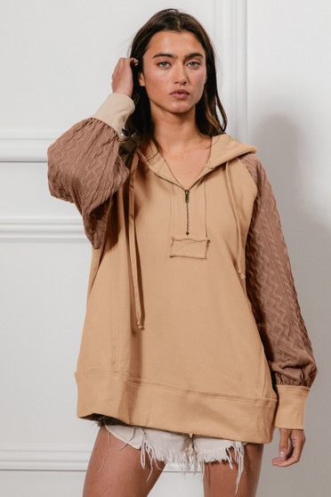BiBi Half Zip French Terry Hoodie with Kint Sleeves