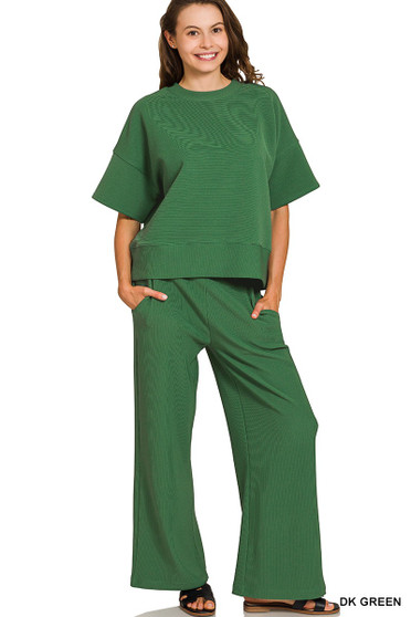 Zenana Ribbed Round Neck Tee & Pants Set