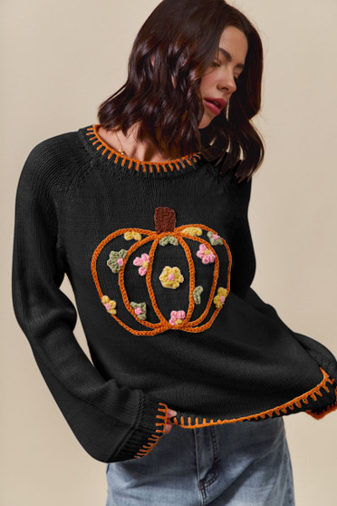 SO ME Pumpkin Floral Embroidered Thanksgiving Sweater