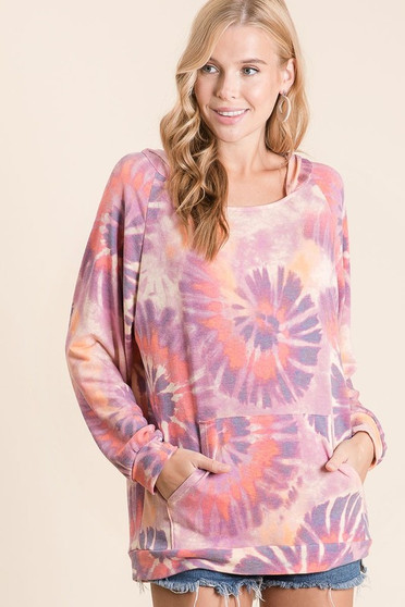 BiBi Circular Tie Dye Print Terry Hoodie with Kangaroo