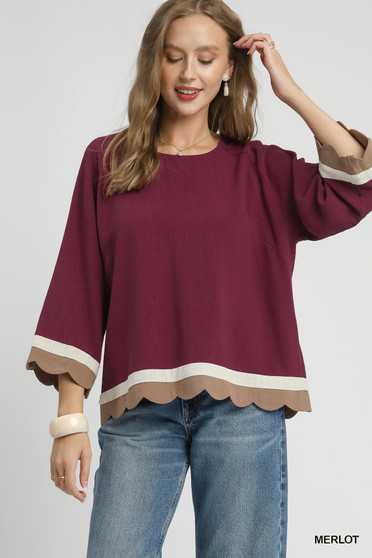Umgee Scalloped Hem Color Block Top