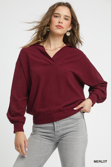 Umgee Linen Long Sleeves Elastic Hem Blouse