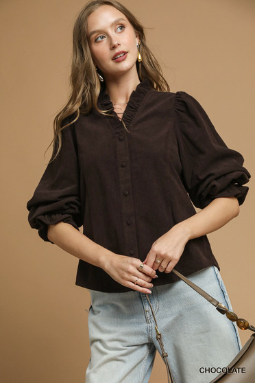 Umgee Corduroy Ruffle Shirt with Long Puff Sleeves
