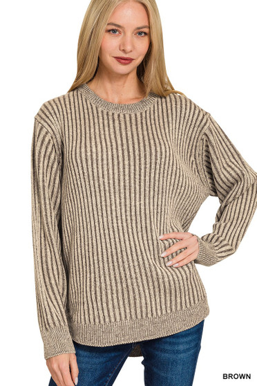 Zenana Curved Hem Two-Tone Ribbed Sweater