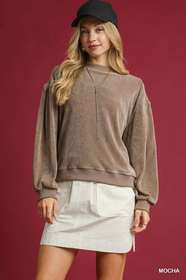 Umgee Velour Crewneck Balloon Sleeve Sweatshirt