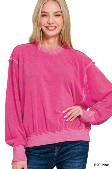 Zenana Soft Fleece Pigment Dye Round Neck Pullover