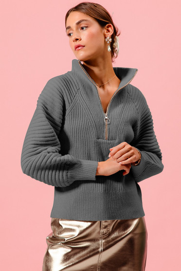 SO ME Half Zip Raglan Balloon Sleeves Ribbed Sweater