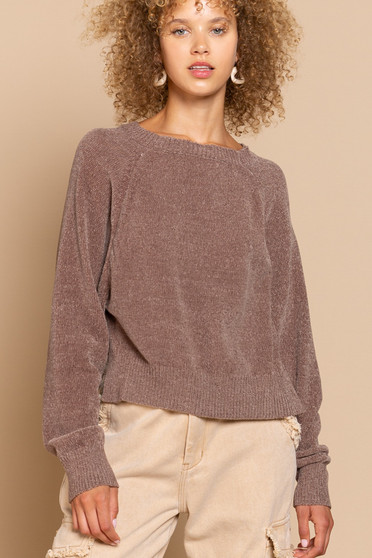POL Round Neck Backless Sweater with Ribbed Edge