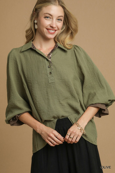 Umgee Half Button Blouse with Leopard Print Trim