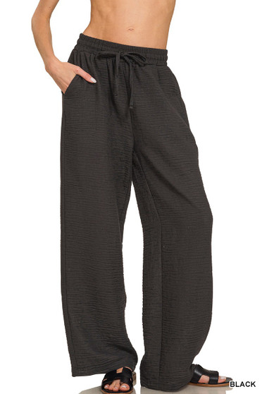 Zenana Woven Crepe Elastic Band Pants