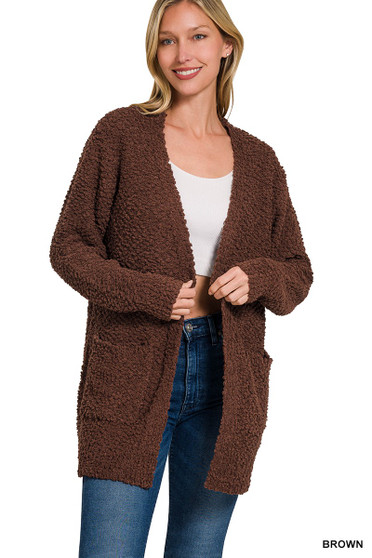 Zenana Long Sleeve Popcorn Sweater Cardigan with Pockets