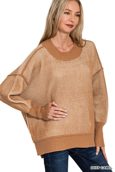Zenana Exposed Seam Two Tone Ribbed Sweater