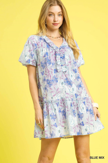 Umgee Floral Ruffled Puff Sleeve Mini Dress