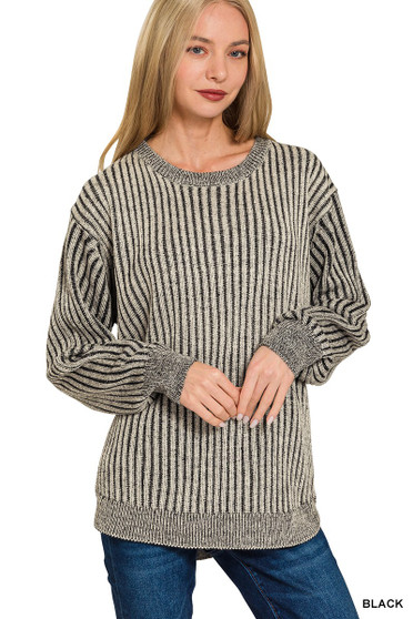 Zenana Curved Hem Two-Tone Ribbed Sweater