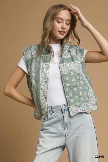 Umgee Bandana Print Quilted Puffer Vest