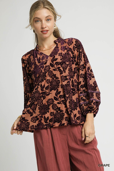 Umgee Floral Velvet Blouse with Balloon Sleeves