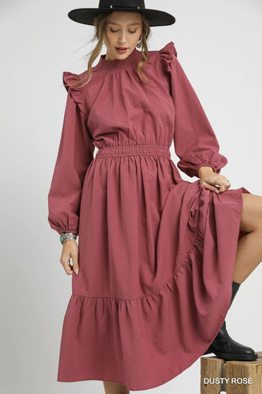 Umgee Textured Midi Dress with Ruffle Shoulder Detail