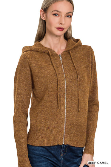 Zenana Drawstring Zip Up Hooded Cardigan