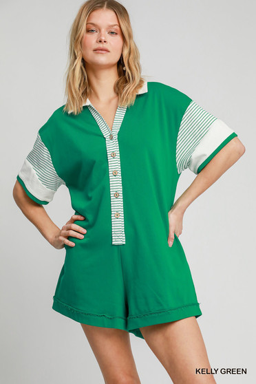 Umgee French Terry Collared Colorblock Romper