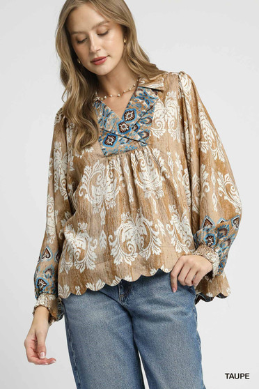 Umgee Floral Boho Blouse with Scalloped Hem