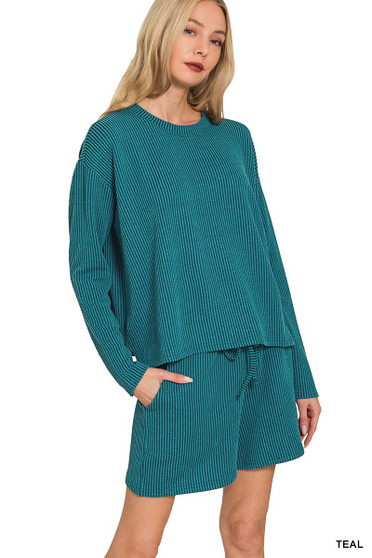 Zenana Corded Rib Long Sleeve Tee and Shorts Set