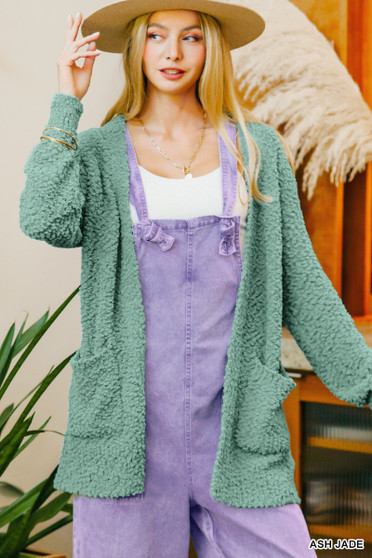 Zenana Long Sleeve Popcorn Sweater Cardigan with Pockets