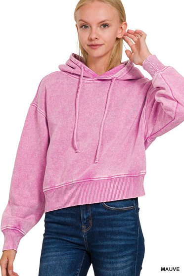 Zenana Acid Wash Fleece Drawstring Cropped Hoodie