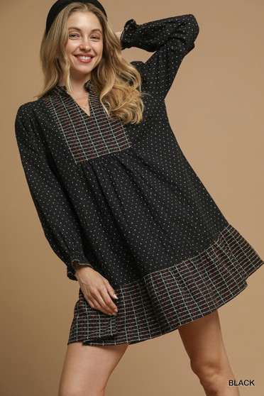 Umgee Polka Dot Plaid Trim Babydoll Dress