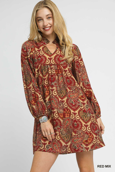 Umgee Boho Mix Paisley Babydoll Dress