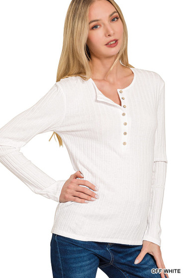 Zenana Ribbed Long Sleeve Half Button Top
