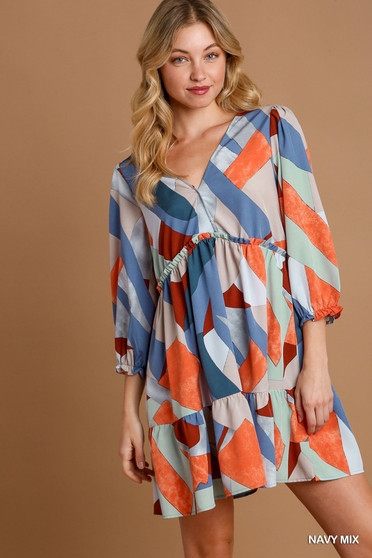 Umgee Abstract V-Neck Tiered Printed Dress