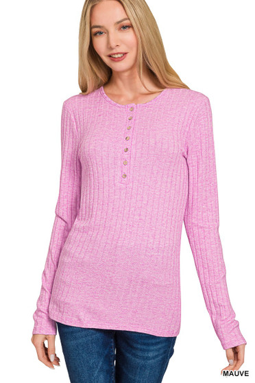 Zenana Ribbed Long Sleeve Half Button Top