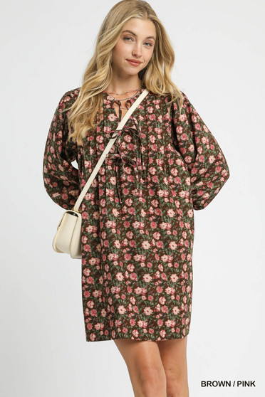 Umgee Floral Tie-Neck Babydoll Dress