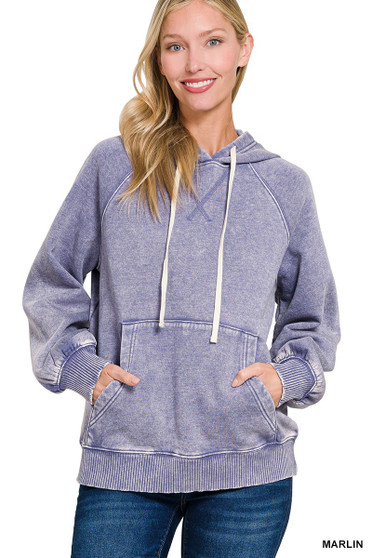 Zenana Acid Wash Fleece Hoodie with Kangaroo Pocket