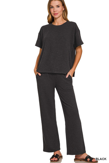 Zenana Slub Short Sleeve T-Shirt and Pants Set