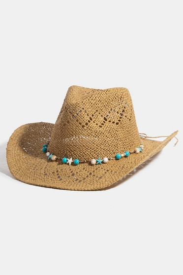 Fame Turquoise and Shell Star Beads Strap Western Straw Hat