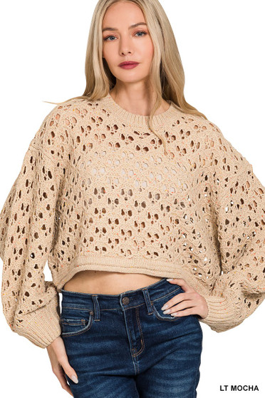 Zenana Oversized Cropped Crochet Knit Sweater