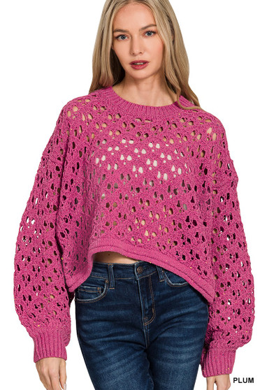 Zenana Oversized Cropped Crochet Knit Sweater