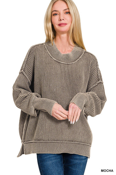 Zenana Washed Side Slit Oversized Sweater