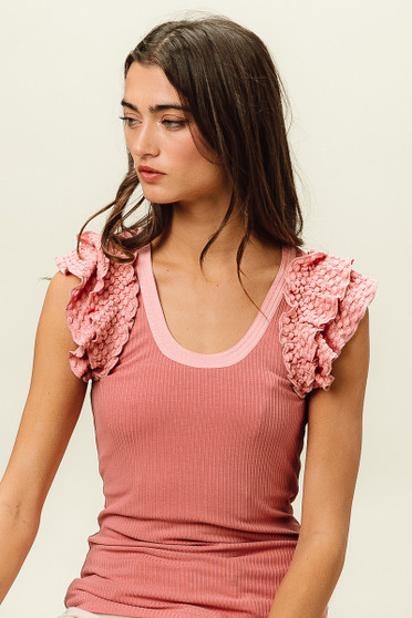BiBi Rib Knit With Textured Ruffled Top