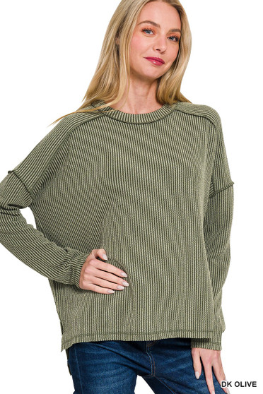Zenana Full Size Exposed Seam Long Sleeve Corded Rib Knit Top Plus Size