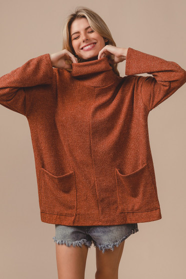 BiBi Piper Rib Double Pocket Turtle Neck Sweater