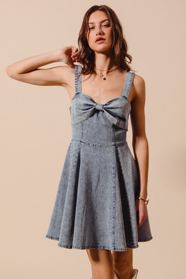 SO ME Mineral Washed Bow Ribbon Denim Flare Dress