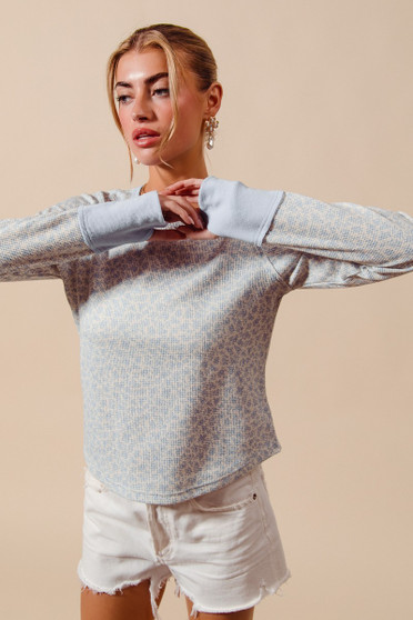 SO ME Textued Floral Knit Top with Contrast Cuffs